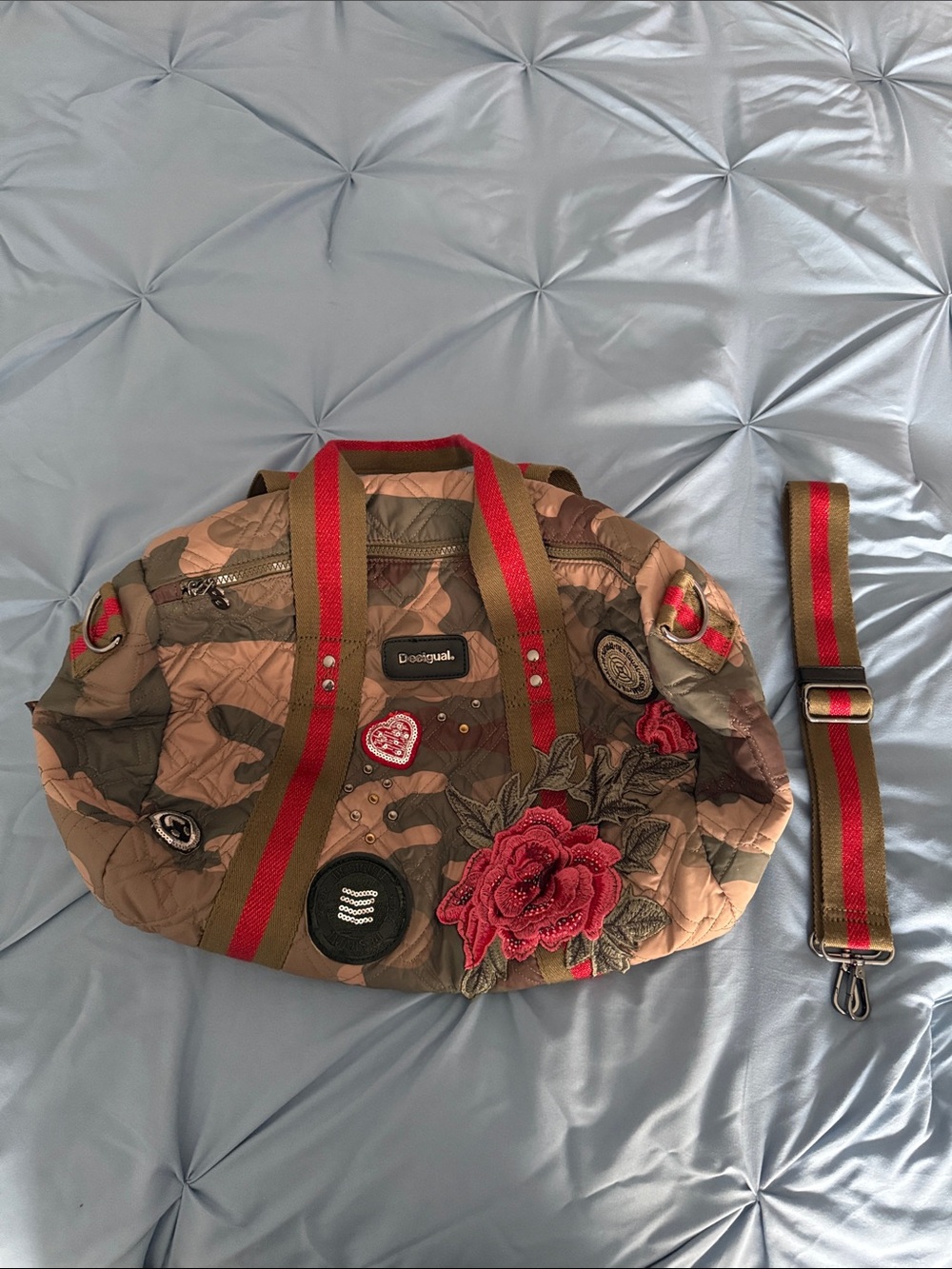 Desigual Quilted Camouflage Duffel with Red Rose Patch